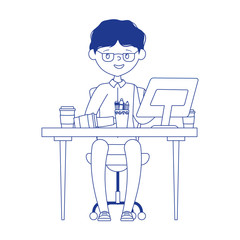 Sticker - smiling employee working with computer coffee cup on desk isolated design