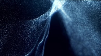 Poster - Futuristic mysterious digitally generated motion graphic particles wave flowing abstract in cyber space technology de-focus background