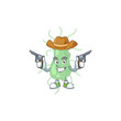 A masculine cowboy cartoon drawing of salmonella holding guns