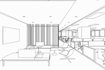 interior outline sketch drawing perspective of a space office