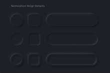Vector Editable Neomorphic Buttons Set. Sliders For Websites, Mobile Menu, Navigation And Apps. Simple Elegant Neomorphism Trendy 2020 Designs Element UI Components Isolated On Black Background.