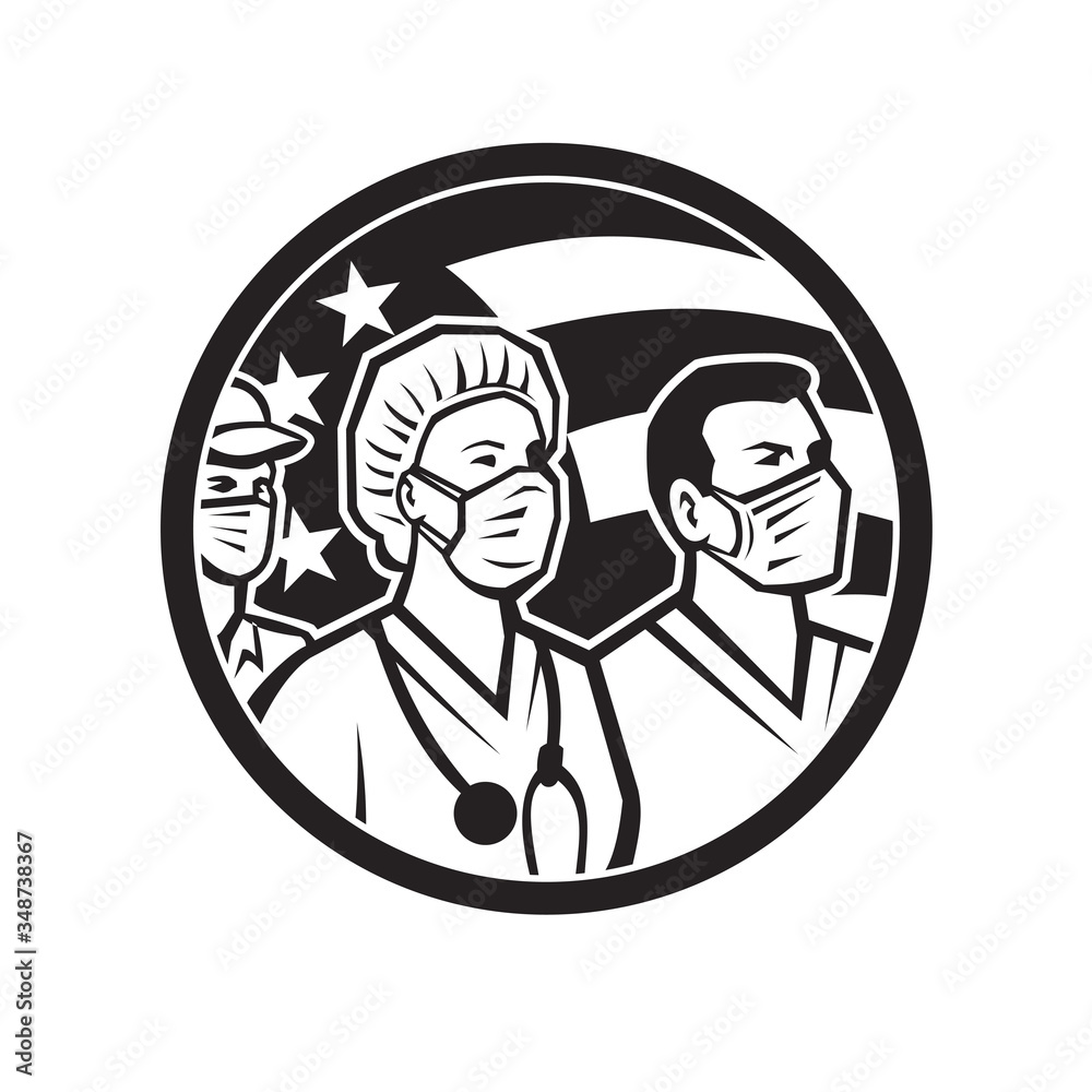 Icon retro style illustration of American healthcare provider, medical care worker, nurse or doctor as heroes wearing surgical mask with United States of America flag done in black and white. - obrazy, fototapety, plakaty 
