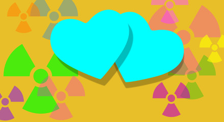 Relationship error. Toxic love concept. Illustration of two hearts with danger sign background, set of random symbols. Alert signal, contamination, radioactive. Modern and colorful design.