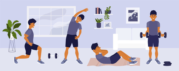 Stay home keep fit. Man doing different sport exercises, lunges, side bends, abdominal crunches, working with dumbbells. Physical activity, healthy lifestyle, workout. Gym at home vector illustration.