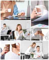 Sticker - Collage of photos with young people during coffee break in office