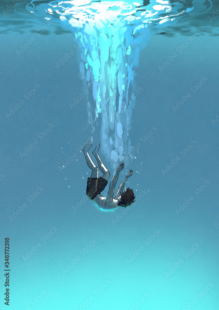 Alnoe falling man in the blue sea - obrazy, fototapety, plakaty 
