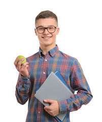 Wall Mural - Pupil with apple on white background