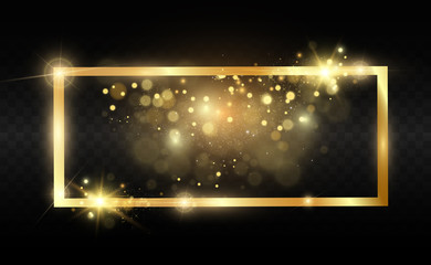 Poster - Gold glitter with shiny gold frame on a transparent black background. Vector luxury golden background.