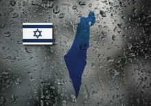 Map And Flag Of Israel On A Wet Glass Surface, Blurred Image.