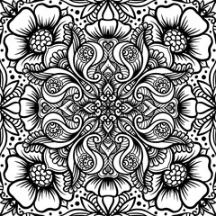 Wall Mural - Eastern ethnic motif, traditional indian henna ornament. Seamless pattern, background in black and white colors. Outline vector illustration.