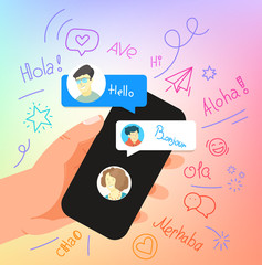 Poster - Human gesture using modern smartphone. Say hallo in different languages