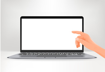 Poster - Modern laptop screen with hand pointing to the screen. Vector mockup with blank screen