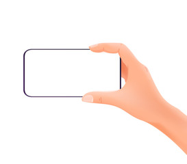 Aufkleber - Smartphone in hands vector mockup isolated on white background. Horizontal orientation