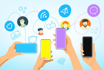 Poster - Hands with modern smartphones. Social media network communication