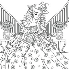 Lady in victorian dress bows in the big palace.A beauty with long hair and a decorated hat. Vector outline illustration for coloring book pages for adults.