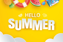 Hello Summer With Decoration Origami Hanging On Yellow Background. Paper Art And Craft Style.