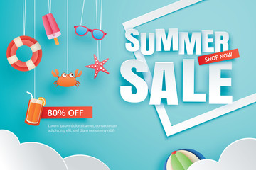 Wall Mural - Summer sale with decoration origami on blue sky background. Paper art and craft style.