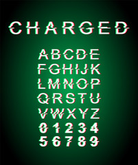 Fototapete - Charged glitch font template. Retro futuristic style vector alphabet set on green background. Capital letters, numbers and symbols. Full of energy typeface design with distortion effect