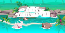Jungle Flat Color Vector Illustration. Clear Waterfall. Pond With Cute Swimming Baby Animals. Flourish In Lake. Nature Beauty. Water Stream. Tropical 2D Cartoon Landscape With Greenery On Background