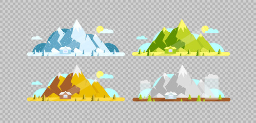 Poster - Mountain and house flat color vector objects set. Four seasons. Hill and village lodge on summer, spring, winter and autumn 2D isolated cartoon illustrations on transparent background