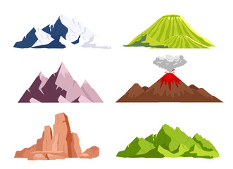 Poster - Mountains flat color vector objects set. Ice peaks, green hills. Wild nature landscape elements. Dry desert canyon. Volcano eruption phenomenon. 2D isolated cartoon illustrations on white background