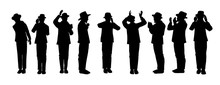 Silhouettes Of Orthodox Jewish Followers Praying And Crying. With A Hat And A Suit.
Each Character Takes A Different Action: Begging, Calling In The Arrangement, Punching His Heart, Raising His Hands.