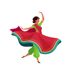 Poster - Woman in flowing sari flat color vector faceless character. Dynamic dancing pose. Indian female performer. Teej festival celebration isolated cartoon illustration for web graphic design and animation
