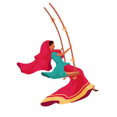 Poster - Woman in sari flat color vector faceless character. Traditional indian ceremony for religious holiday. Teej festival celebration isolated cartoon illustration for web graphic design and animation