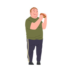 Wall Mural - Happy Fat Young Man Eating Burger, Obese Person in Casual Clothes Enjoying of Fast Food Dish, Unhealthy Diet and Lifestyle Vector Illustration