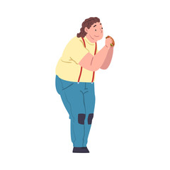 Sticker - Happy Fat Young Man Eating Burger, Cheerful Obese Person Enjoying of Fast Food Dish, Unhealthy Diet and Lifestyle, Body Positive Concept Vector Illustration