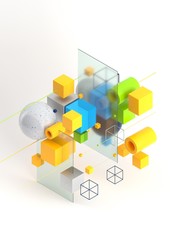 Wall Mural - Abstract 3d render visualization background, template modern composition of geometric shapes in isometric . Cube, sphere, cylinder, line.