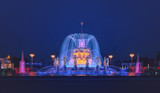 Fountain "Friendship of Peoples" in the park VDNH.Festive, colorful fountain lights. 