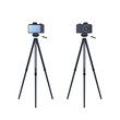 Camera on a tripod isolated on a white background. The camera is mounted on a tripod front and rear view. Vector.
