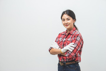 Portrait Asian young woman she smiling cross arm in studio. Female farmer in studio white background.