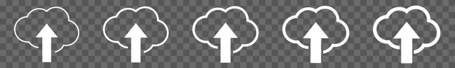 Wall Mural - Cloud Upload Icon White Line | Clouds Arrow Up Illustration | Computing Storage Symbol |  Server Data Internet Logo | IT Service Sign | Isolated | Variations