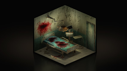 Wall Mural - Horror and creepy abandoned operating room in the hospital with blood. 3d illustration Isomatric.