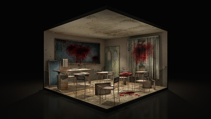 Horror and creepy classroom in the school with blood. 3d illustration.