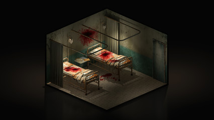 Wall Mural - Horror and creepy ward room in the hospital with blood. 3d illustration Isomatric.