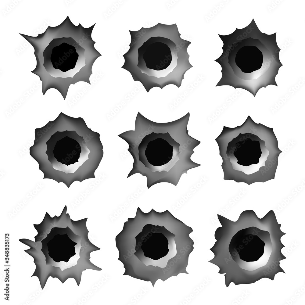 bullet holes in metal vector illustration on white isolated background ...