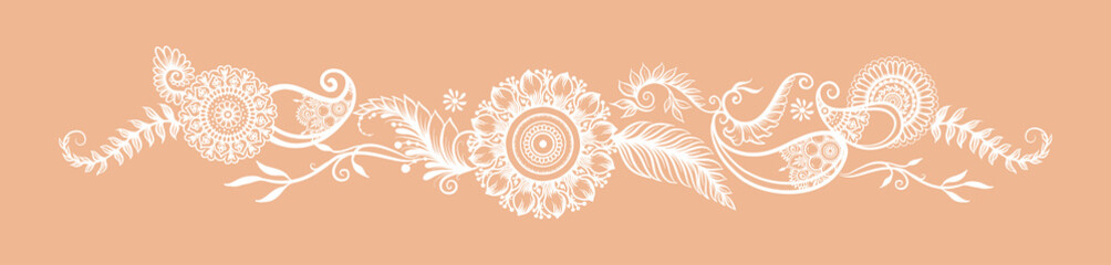 Wall Mural - Eastern ethnic style compositions, mehendi, traditional indian white henna floral ornament. Element for design. Vector illustration.