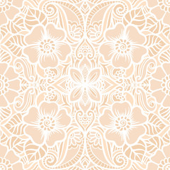 Wall Mural - Eastern ethnic motif, traditional indian white henna ornament. Seamless pattern, background in beige colors. Vector illustration.