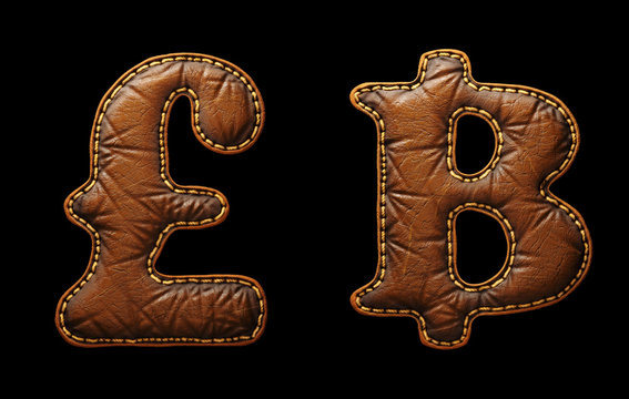 Set of symbols lira and baht made of leather. 3D render font with skin texture isolated on black background.