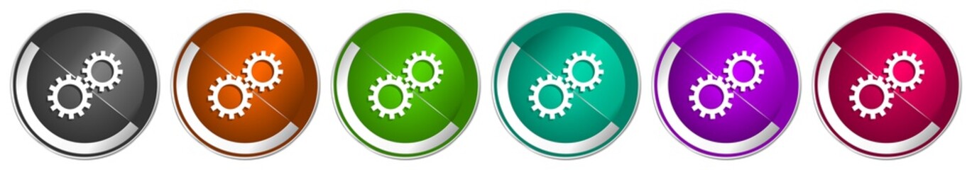 Aufkleber - Gear icon set, cogwheel silver metallic chrome border vector web buttons in 6 colors options for webdesign