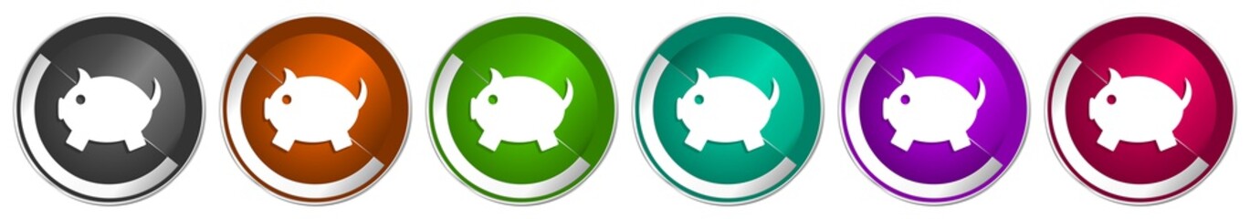 Poster - Piggy bank icon set, silver metallic chrome border vector web buttons in 6 colors options for webdesign