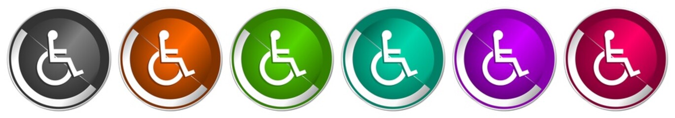 Aufkleber - Wheelchair icon set, silver metallic chrome border vector web buttons in 6 colors options for webdesign