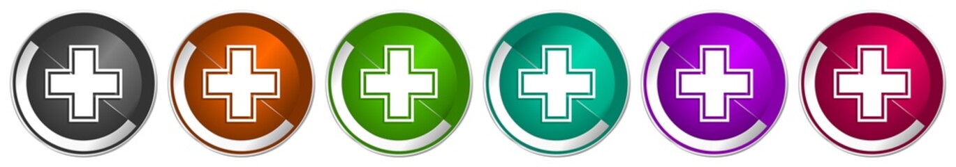 Aufkleber - Pharmacy icon set, silver metallic chrome border vector web buttons in 6 colors options for webdesign