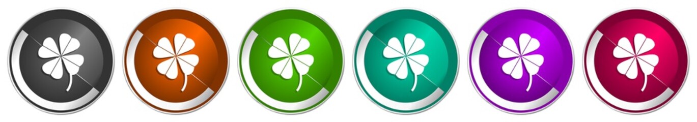 Aufkleber - Four-leaf clover icon set, silver metallic chrome border vector web buttons in 6 colors options for webdesign