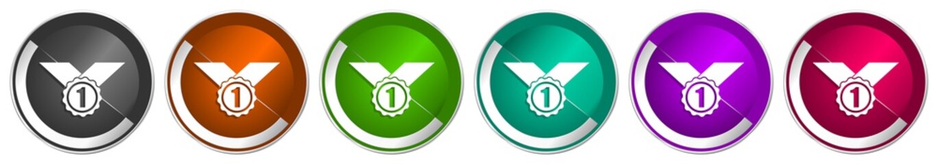Aufkleber - Badge icon set, winner, first, award silver metallic chrome border vector web buttons in 6 colors options for webdesign