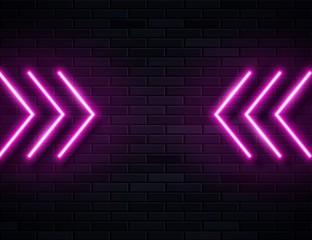 Wall Mural - Futuristic Sci Fi Modern Neon Pink Glowing Arrows Frame for Banner on Dark Empty Grunge Concrete Brick Background.