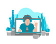 © Olli - Vector flat illustration with laptop and person (on screen) at home recordind video on webcam. Remote work by bloggers, podcast hosts, teachers using online stream servises.  Life style in quarantine